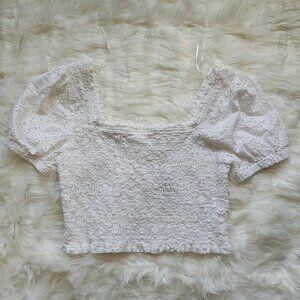 ASTR White Smocked Eyelet Puff Sleeve Crop Top, SIZE Large